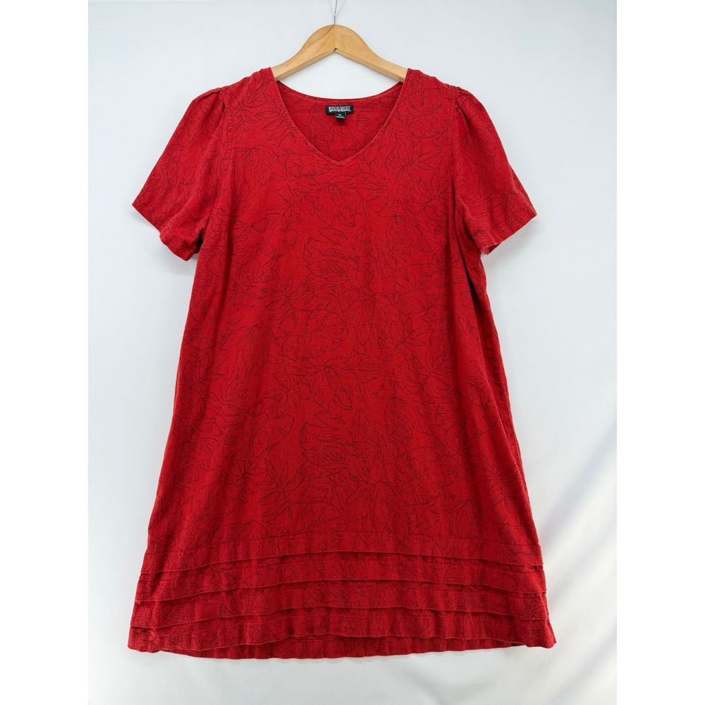 Nicole Miller Original Red Tropical Leaf Linen Blend Tiered Hem Dress XL